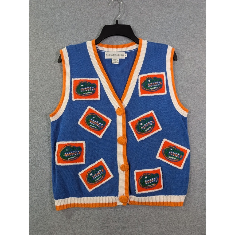 VTG 90s Florida Gators Sweater Vest Unisex M Blue Orange Chenille Cardigan